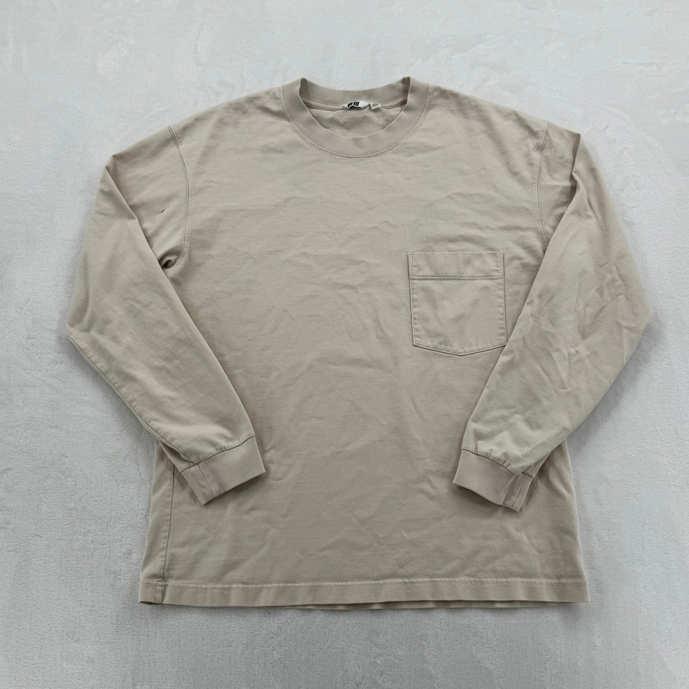 Men's Uniqlo U Pocket T-Shirt Large Beige Good Long Sleeve Crew Neck